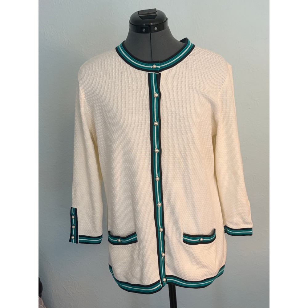 Talbots Cardigan Sweater M Cream Teal Striped Pearl Button Preppy Classic Career